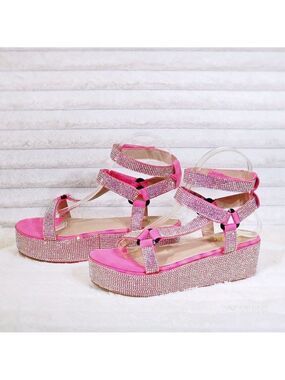 Pink 2" Platform Iridescent Rhinestone Comfy Dazzling Harness Sandals Mia